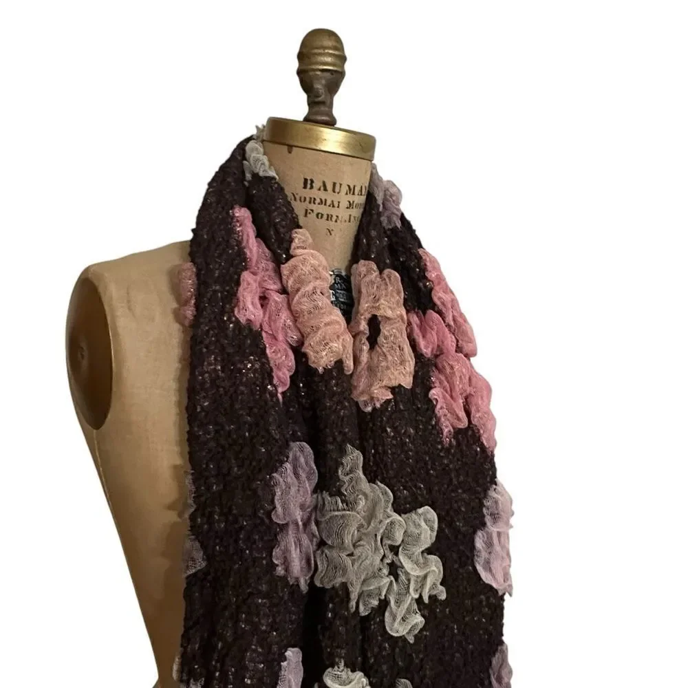Pink and Brown floral reversible 3D ruffle scarf